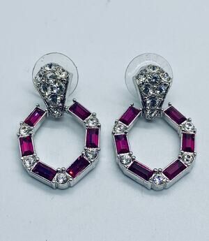 VTG Nolan Miller Pink Ruby Rhinestone Geometric Earrings Hollywood Regency